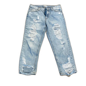 Avec Les Filles 100% cotton light wash cropped mid rise destroyed denim jeans 28